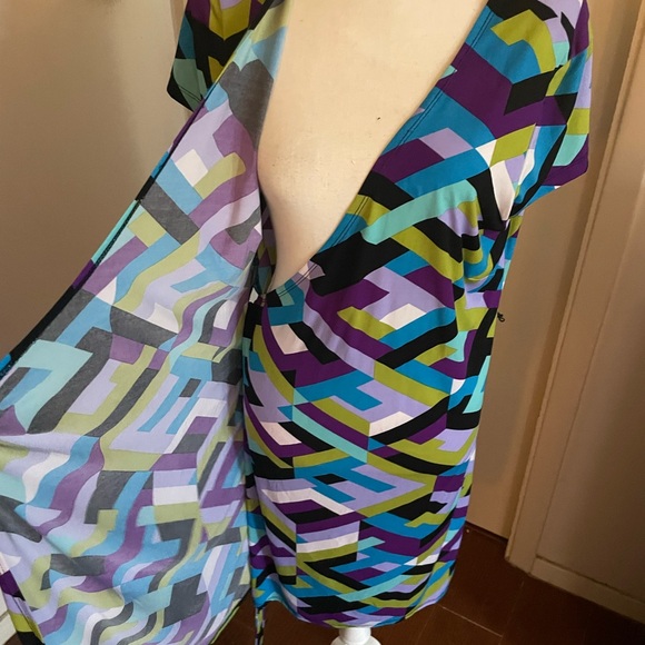 Emma & Michele Wrap Dress purple Green geometric print short sleeves size large - Picture 9 of 15